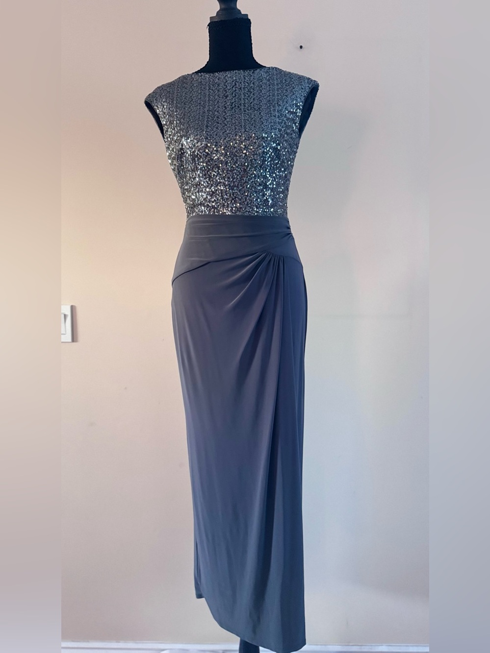 Ralph Lauren Evening Silver Sequin Sleeveless High Neck Maxi Wrap Skirt Dress